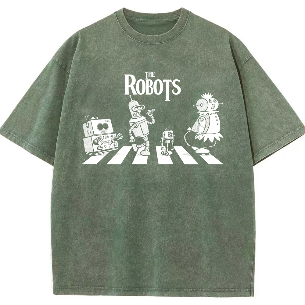 Sci‑Fi Parody Vintage Robots Abbey Road Crosswalk Parody Robot Crew Cartoon Tee