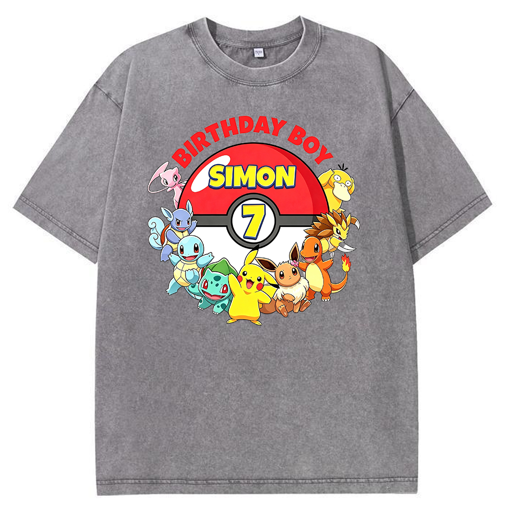 Custom Name Pokemon Birthday Boy Vintage Wash Tee