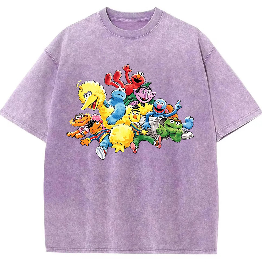 Happy Gathering Sesame Street Full Cast Colorful Group Collage Cartoon Tee