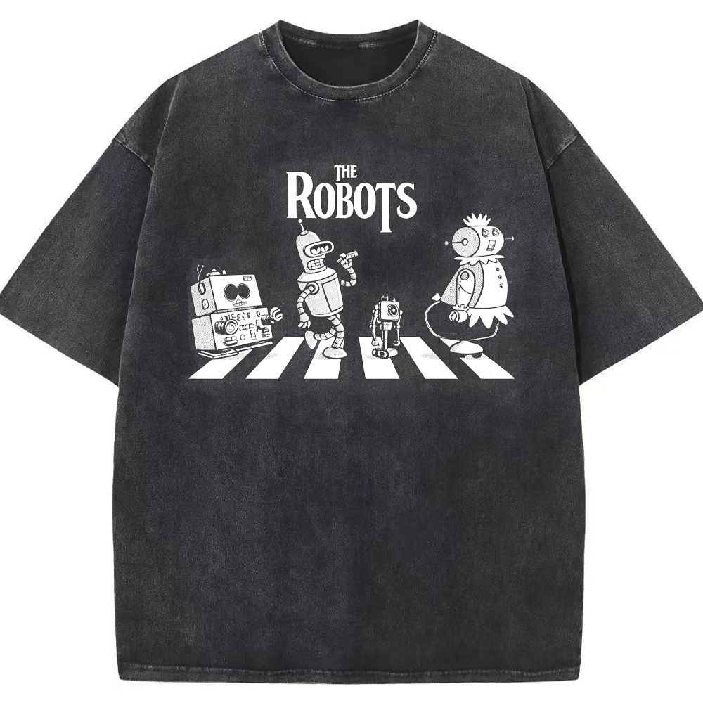 Sci‑Fi Parody Vintage Robots Abbey Road Crosswalk Parody Robot Crew Cartoon Tee