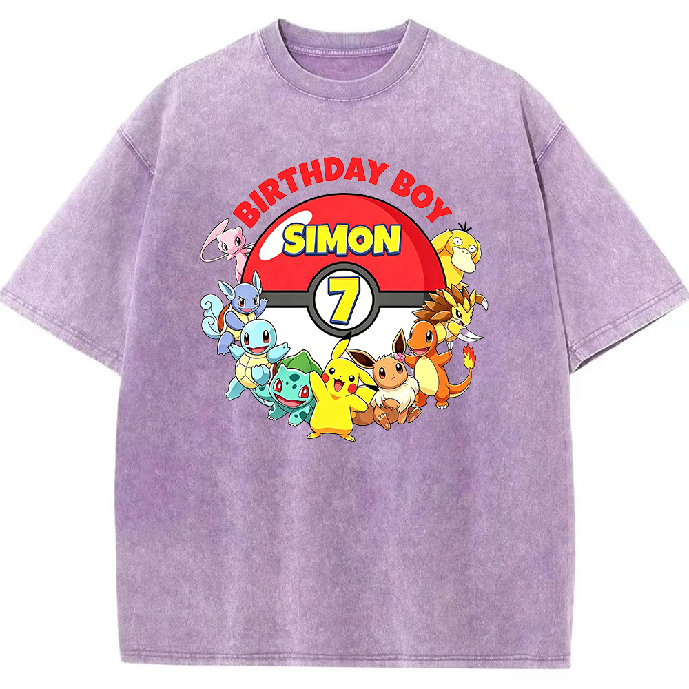 Custom Name Pokemon Birthday Boy Vintage Wash Tee