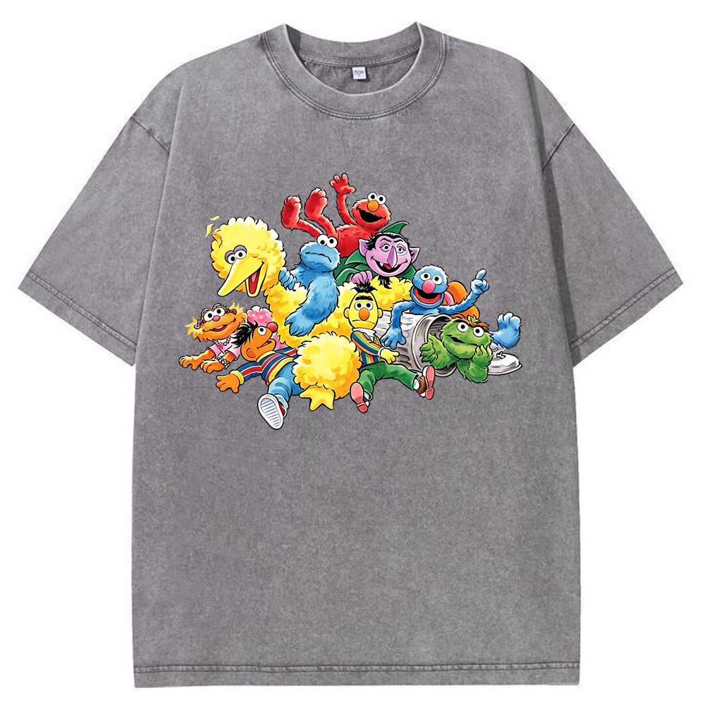 Happy Gathering Sesame Street Full Cast Colorful Group Collage Cartoon Tee