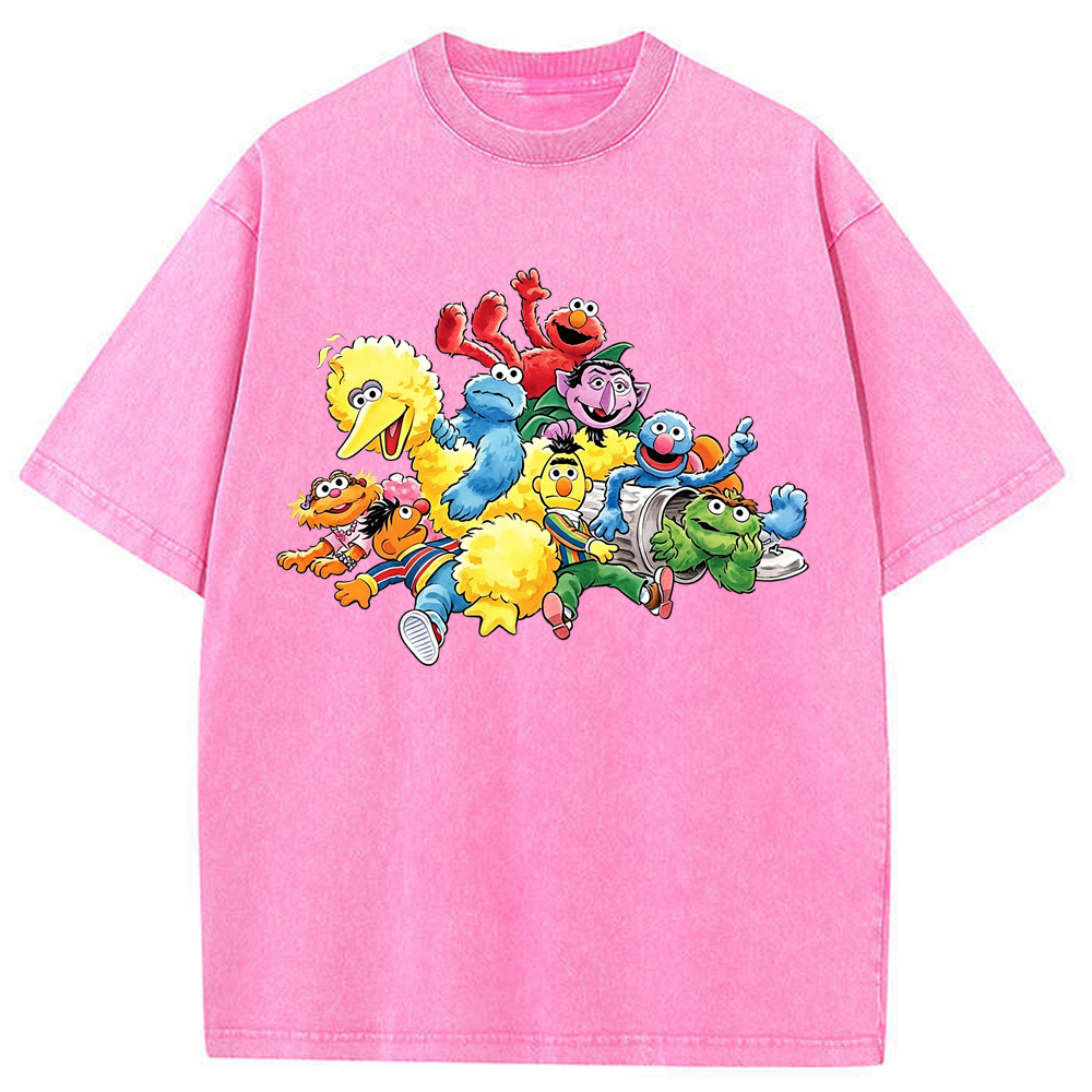 Happy Gathering Sesame Street Full Cast Colorful Group Collage Cartoon Tee