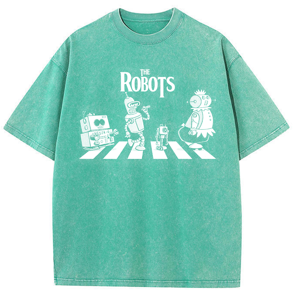 Sci‑Fi Parody Vintage Robots Abbey Road Crosswalk Parody Robot Crew Cartoon Tee