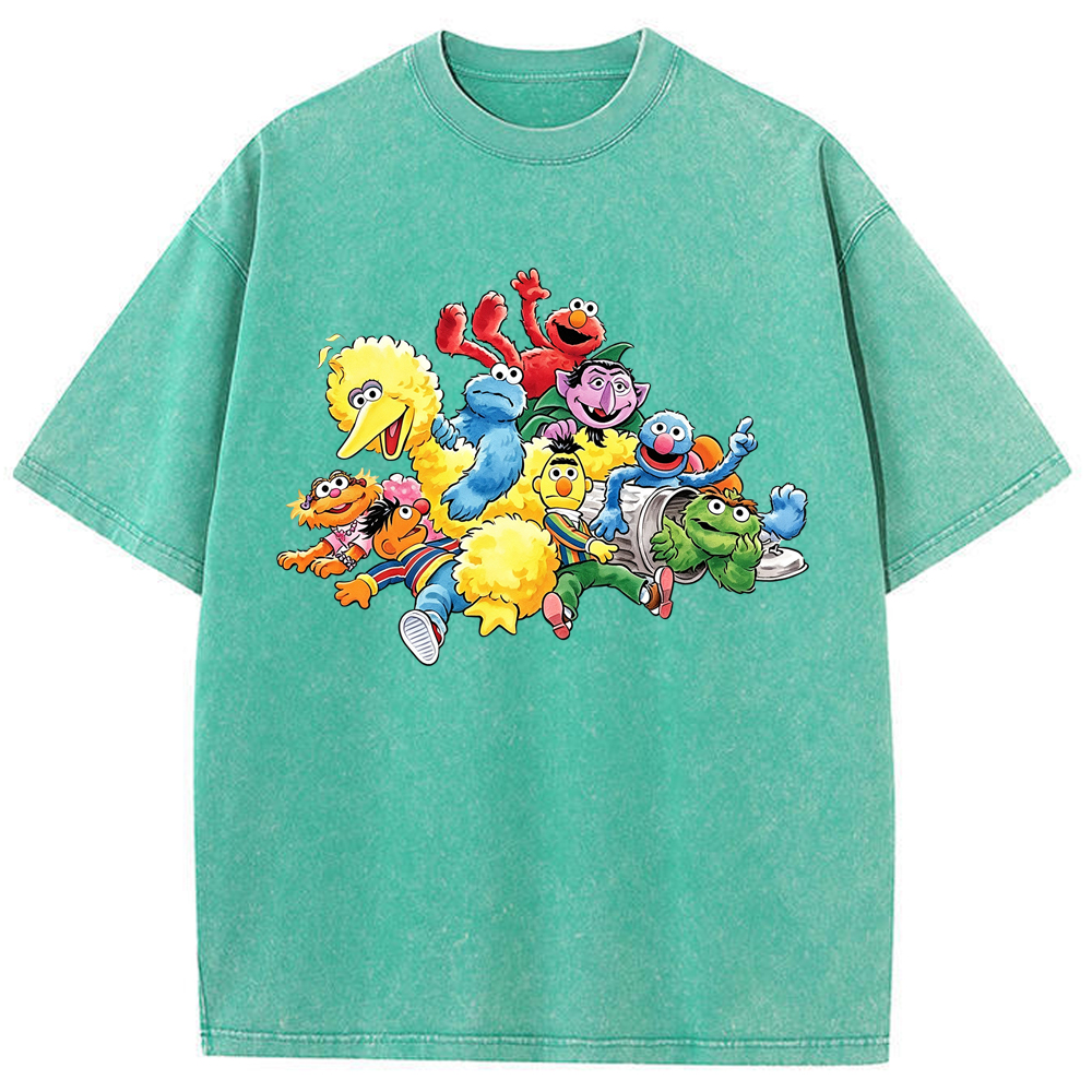 Happy Gathering Sesame Street Full Cast Colorful Group Collage Cartoon Tee