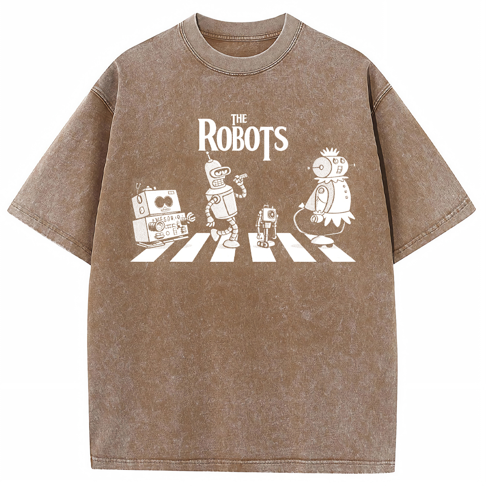 Sci‑Fi Parody Vintage Robots Abbey Road Crosswalk Parody Robot Crew Cartoon Tee