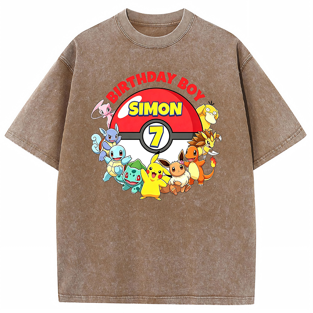 Custom Name Pokemon Birthday Boy Vintage Wash Tee