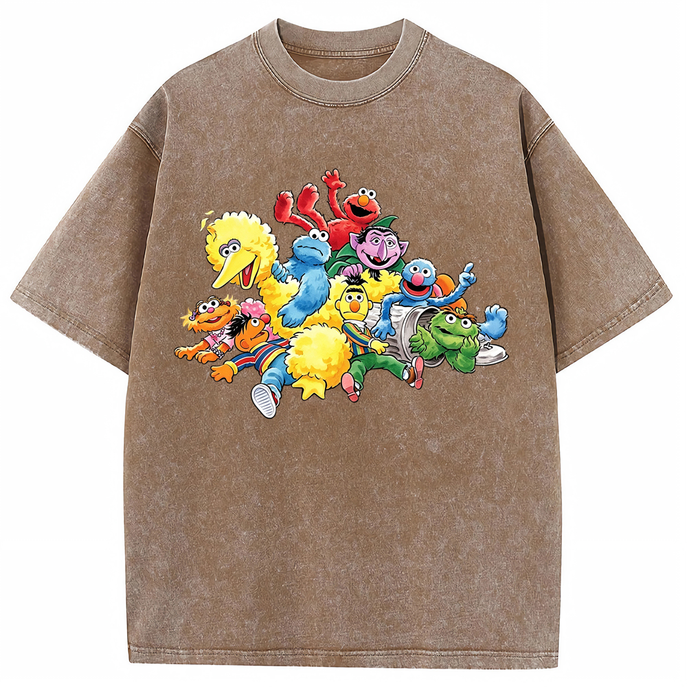 Happy Gathering Sesame Street Full Cast Colorful Group Collage Cartoon Tee
