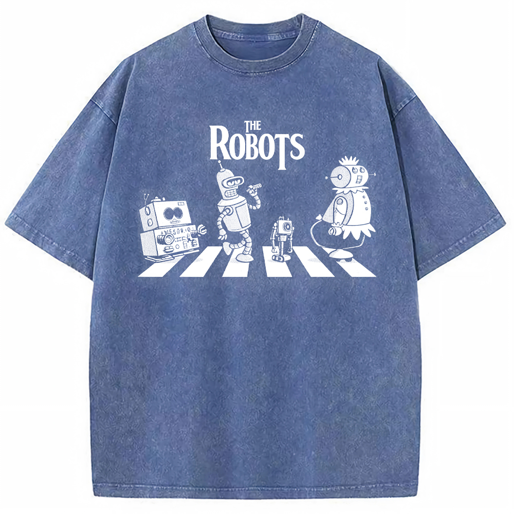 Sci‑Fi Parody Vintage Robots Abbey Road Crosswalk Parody Robot Crew Cartoon Tee