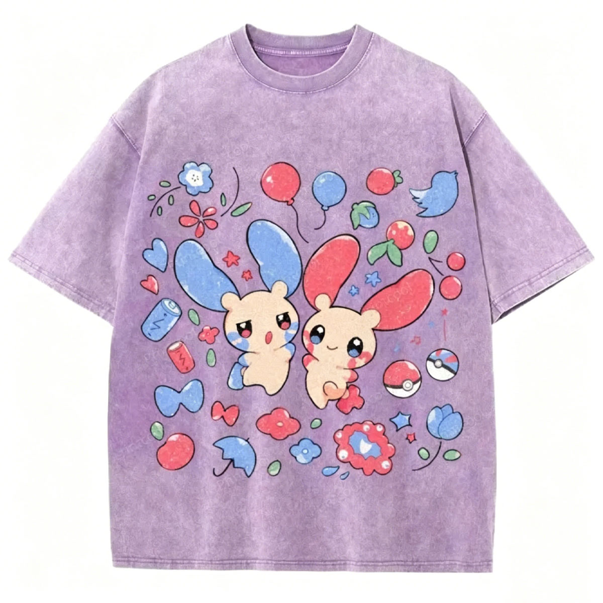 Pokémon Plusle And Minions Unisex Vintage Washed Tee