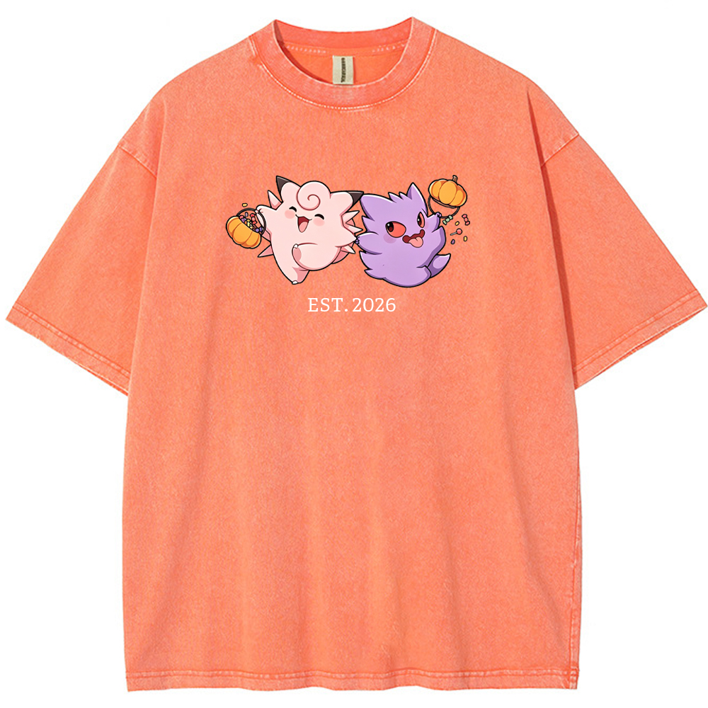 Cute Couple Tone Clefairy Gengar Halloween Pumpkin Vintage Washed T-Shirt