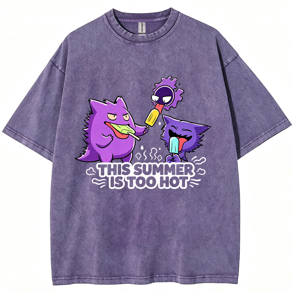 Parent & Kid Gengar Evolution Line Eating Ice Cream Vintage Washed T-Shirt
