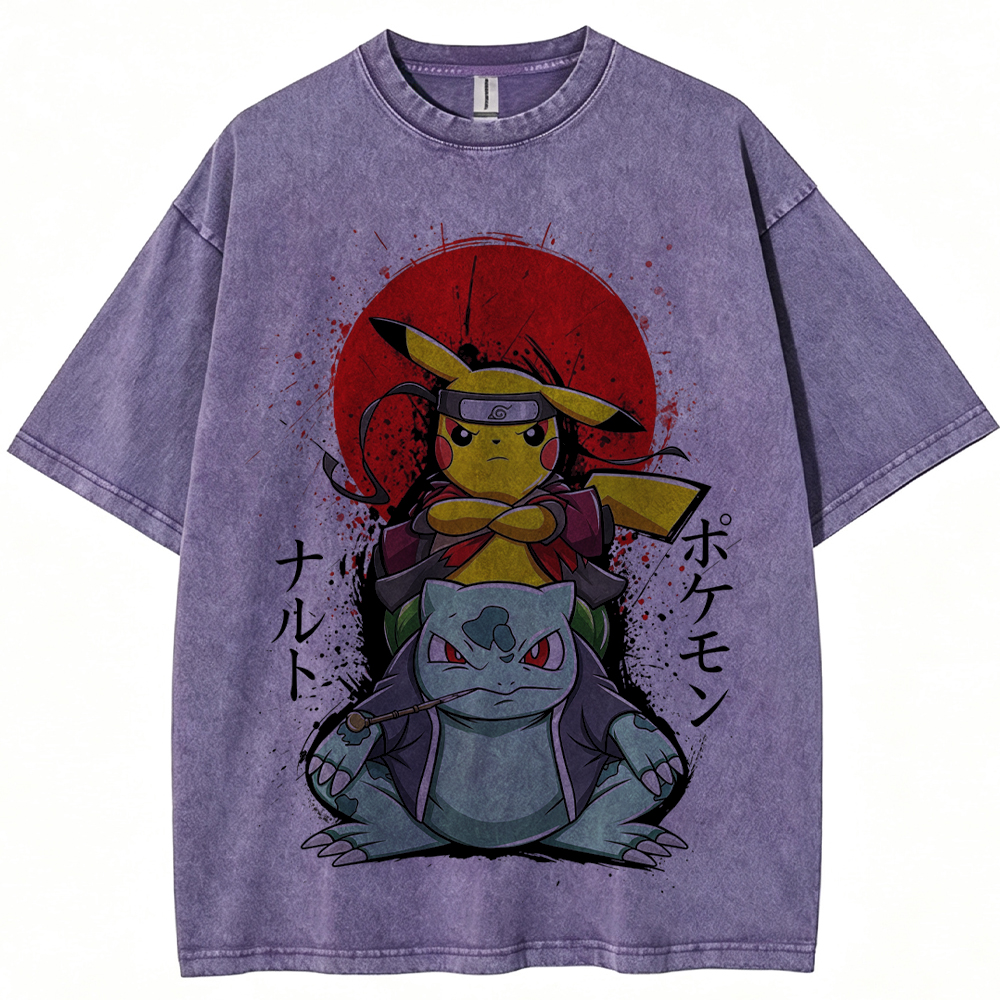 Ninja Pikachu & Bulbasaur Red Sun Splash Graphic Cartoon Tee | Pokemon Anime