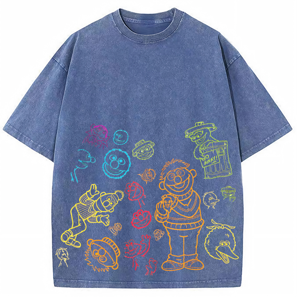 Neon Sketch Sesame Street Characters Multicolor Line Art Doodle Cartoon Tee
