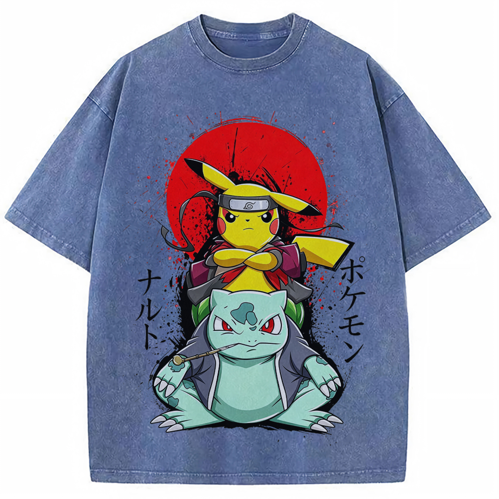 Ninja Pikachu & Bulbasaur Red Sun Splash Graphic Cartoon Tee | Pokemon Anime