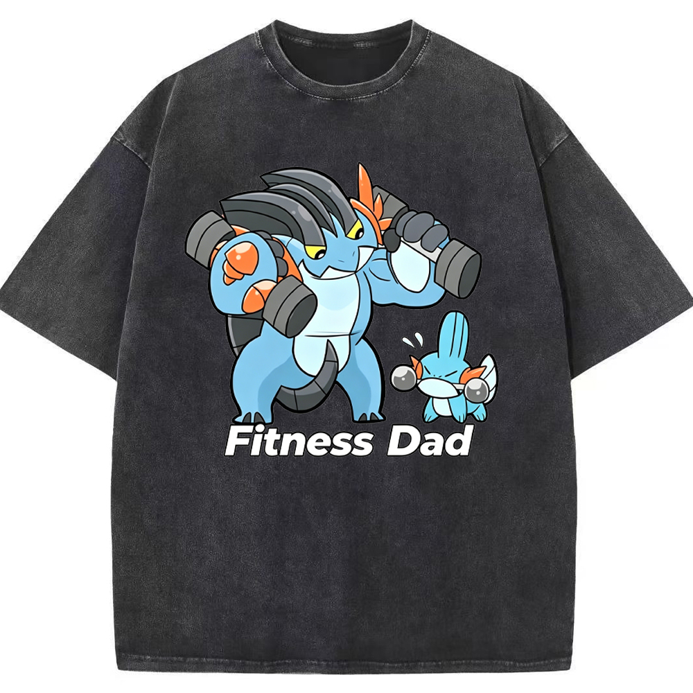 Fitness Dad Marshtomp Mudkip Gym Cartoon Vintage Washed T-Shirt