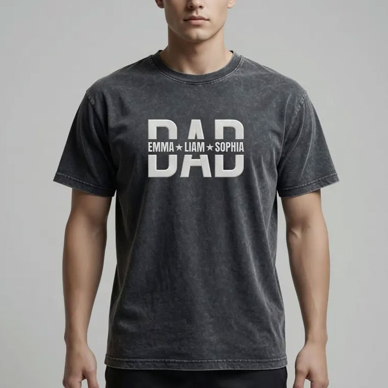 Custom Embroidered Dad Washed T-Shirt With Kids Names