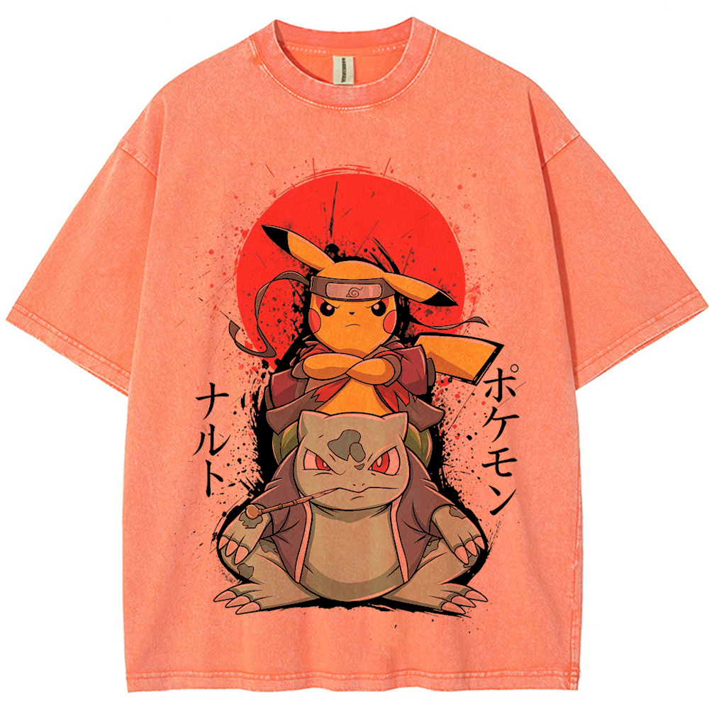 Ninja Pikachu & Bulbasaur Red Sun Splash Graphic Cartoon Tee | Pokemon Anime