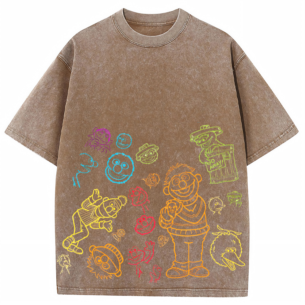Neon Sketch Sesame Street Characters Multicolor Line Art Doodle Cartoon Tee