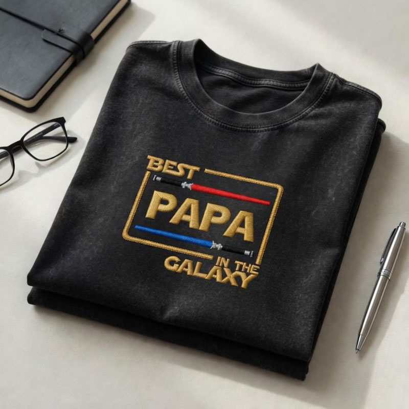 Embroidered Washed Cotton T-Shirt, Papa in Galaxy, Father's Day Gift