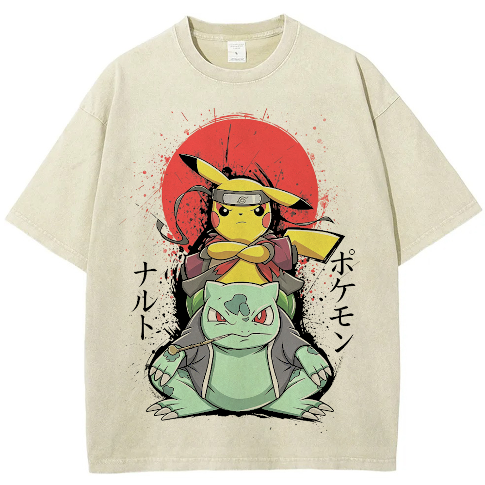 Ninja Pikachu & Bulbasaur Red Sun Splash Graphic Cartoon Tee | Pokemon Anime