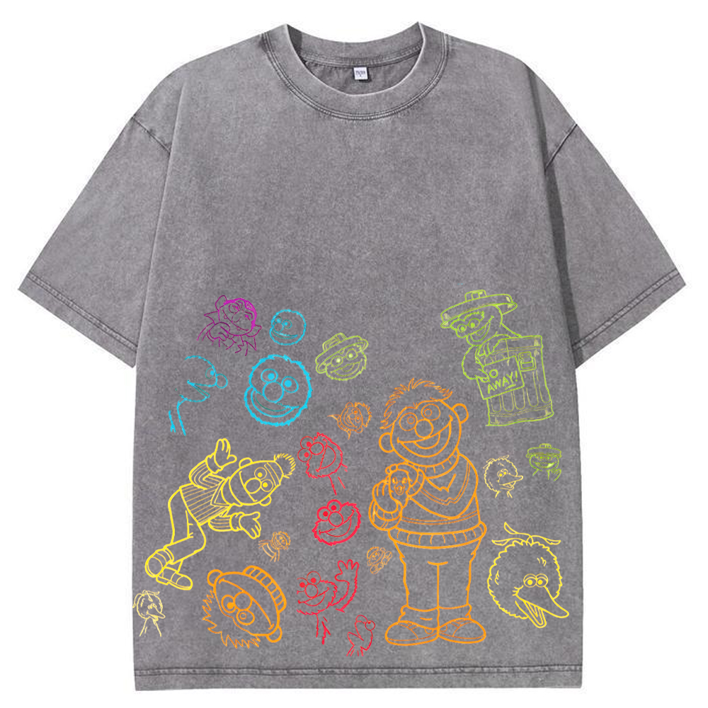 Neon Sketch Sesame Street Characters Multicolor Line Art Doodle Cartoon Tee