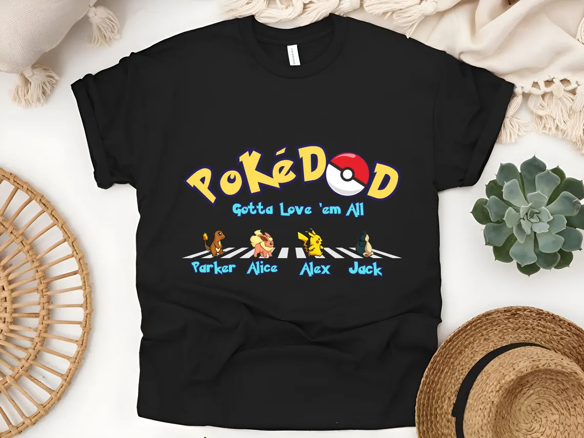 Custom Poke Dad Shirt, Personalized Kids Names, Father's Day Gift Tee