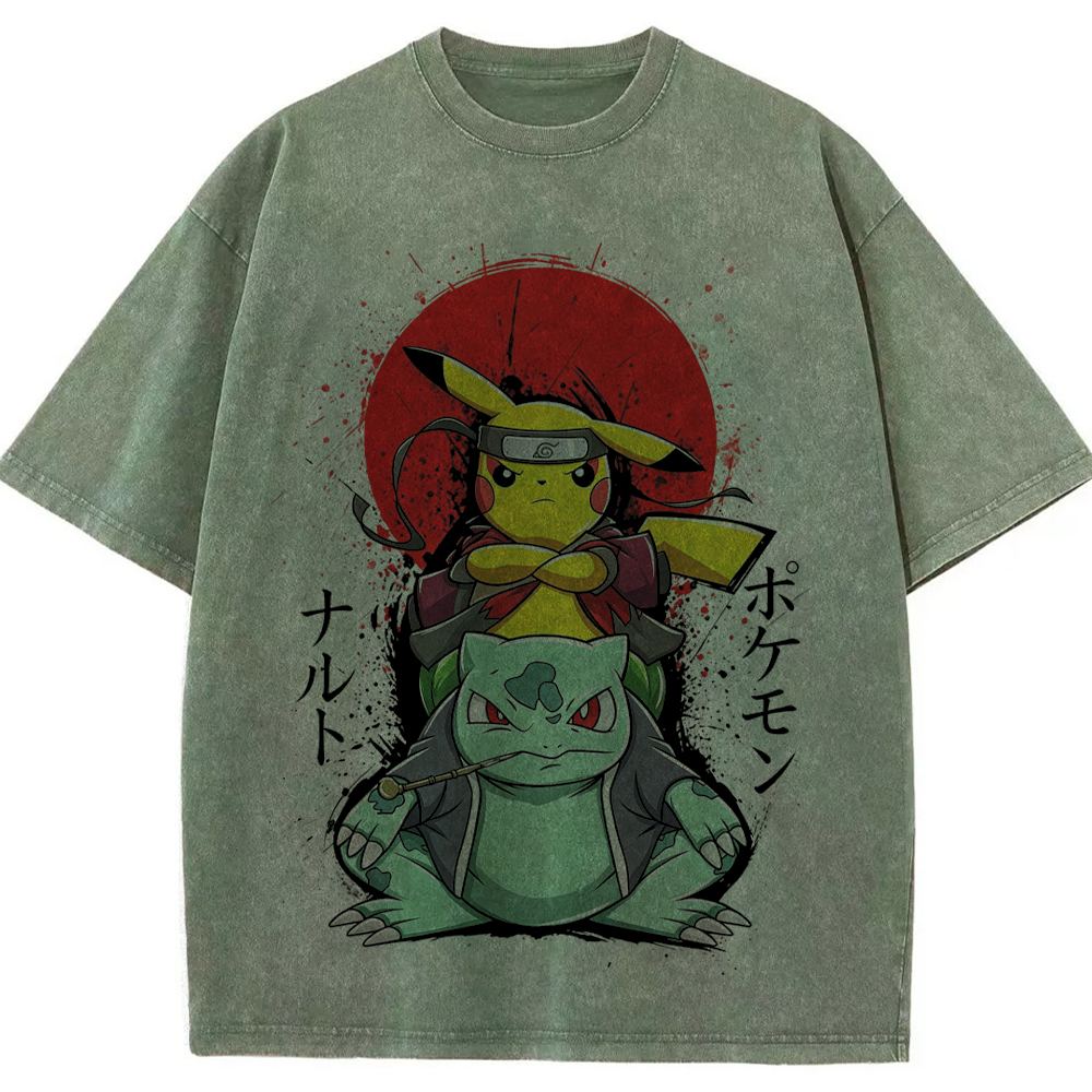 Ninja Pikachu & Bulbasaur Red Sun Splash Graphic Cartoon Tee | Pokemon Anime