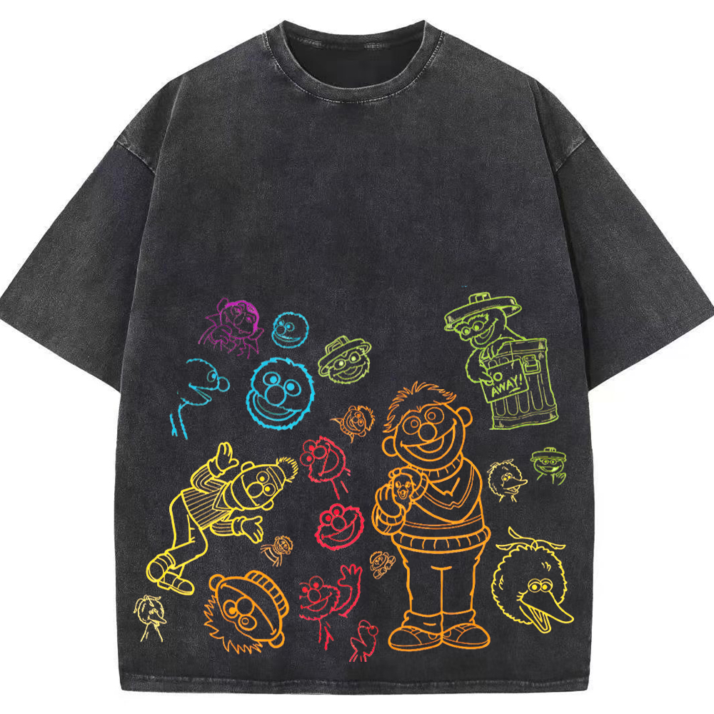 Neon Sketch Sesame Street Characters Multicolor Line Art Doodle Cartoon Tee