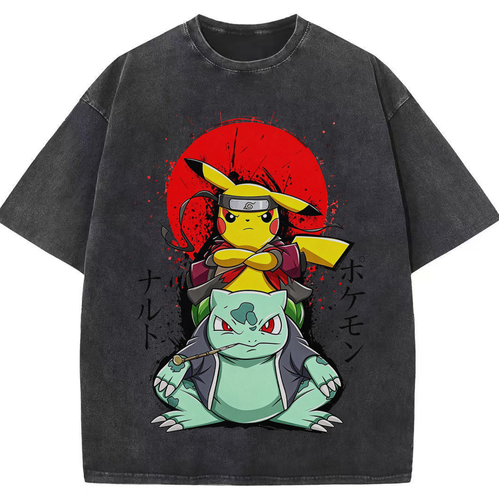 Ninja Pikachu & Bulbasaur Red Sun Splash Graphic Cartoon Tee | Pokemon Anime