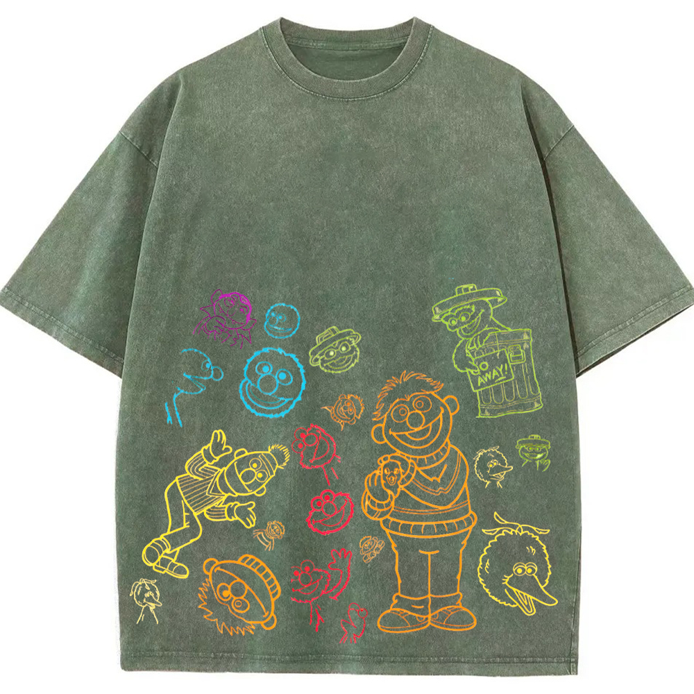 Neon Sketch Sesame Street Characters Multicolor Line Art Doodle Cartoon Tee