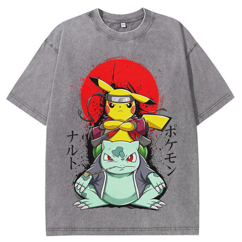 Ninja Pikachu & Bulbasaur Red Sun Splash Graphic Cartoon Tee | Pokemon Anime