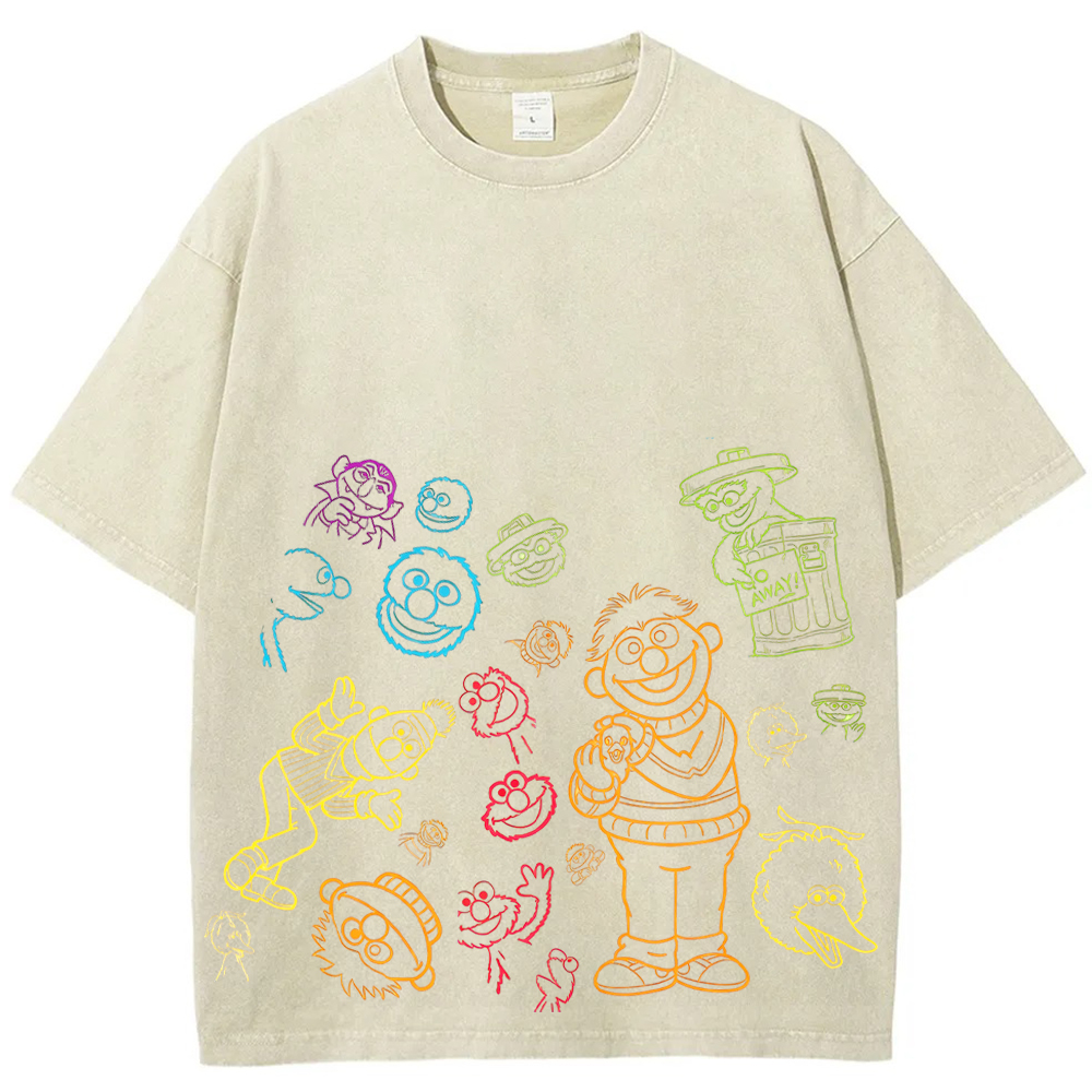 Neon Sketch Sesame Street Characters Multicolor Line Art Doodle Cartoon Tee