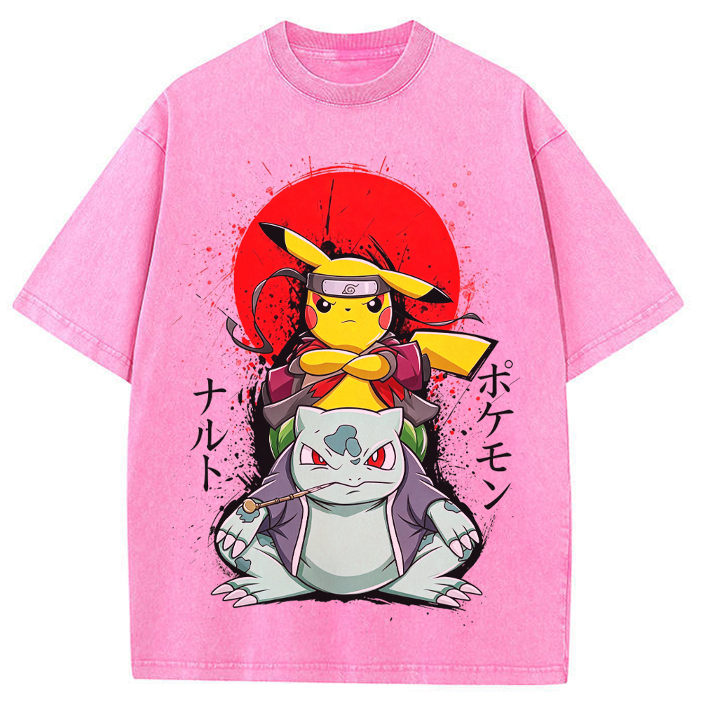 Ninja Pikachu & Bulbasaur Red Sun Splash Graphic Cartoon Tee | Pokemon Anime