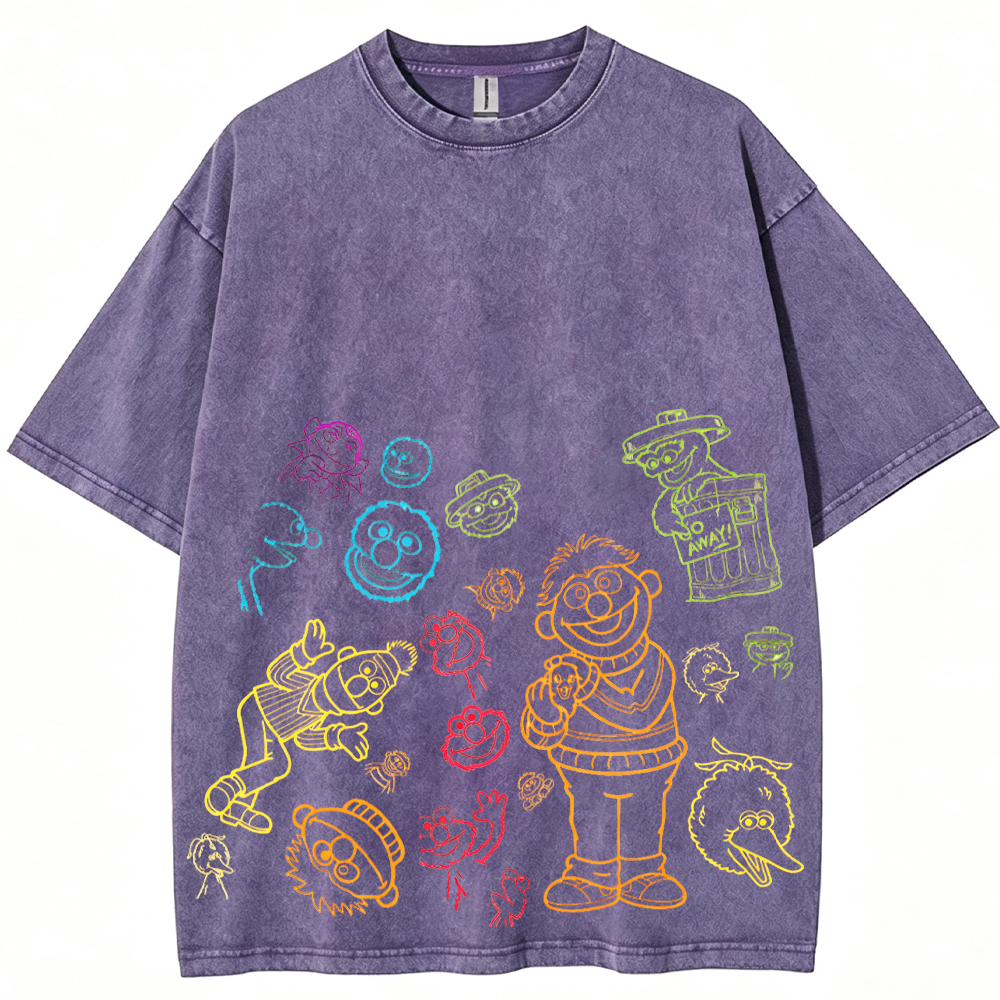 Neon Sketch Sesame Street Characters Multicolor Line Art Doodle Cartoon Tee