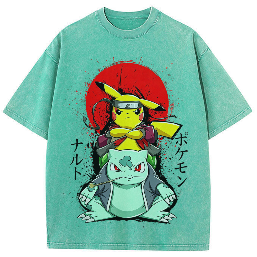 Ninja Pikachu & Bulbasaur Red Sun Splash Graphic Cartoon Tee | Pokemon Anime