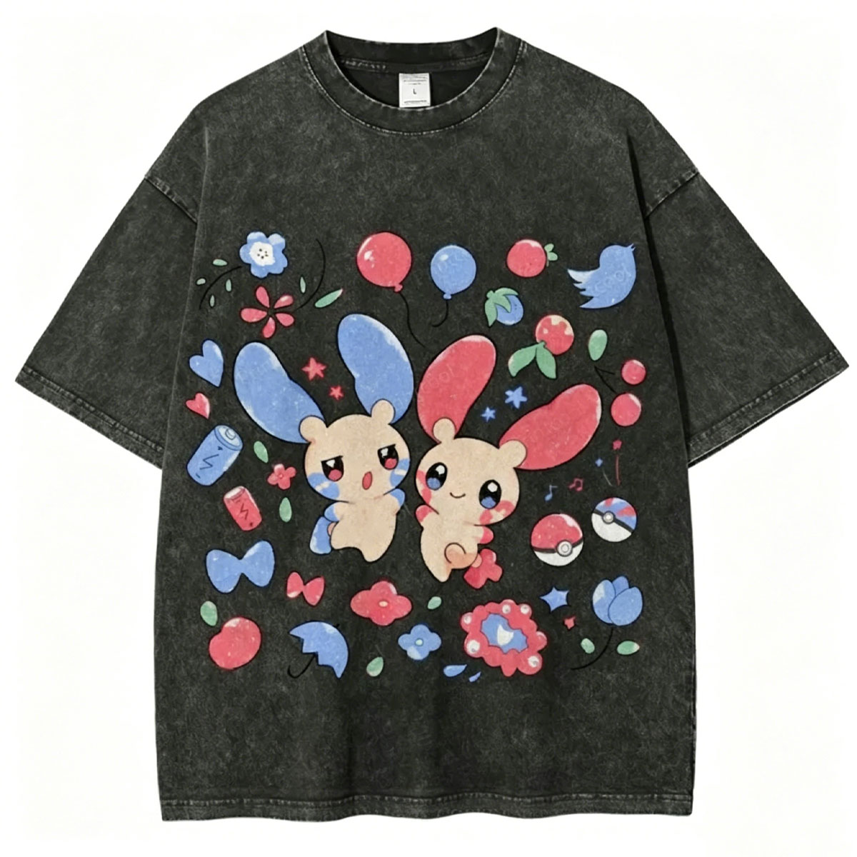 Pokémon Plusle And Minions Unisex Vintage Washed Tee