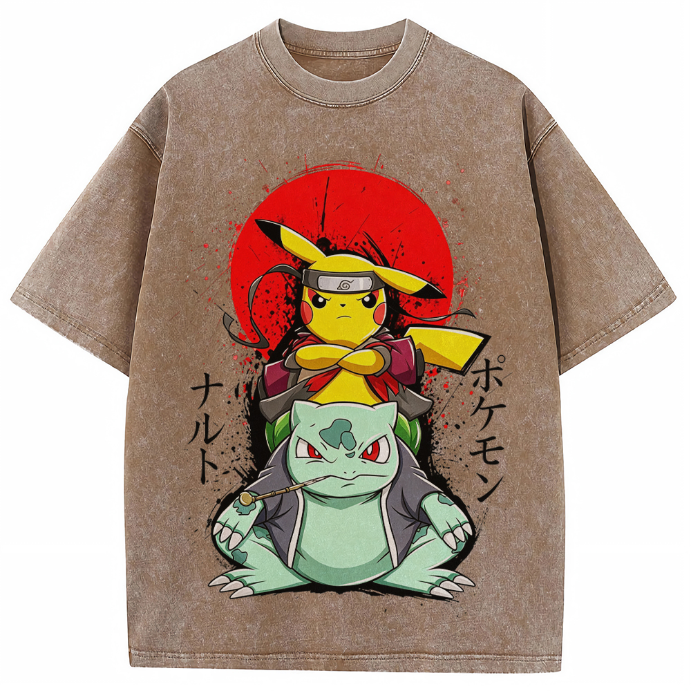 Ninja Pikachu & Bulbasaur Red Sun Splash Graphic Cartoon Tee | Pokemon Anime