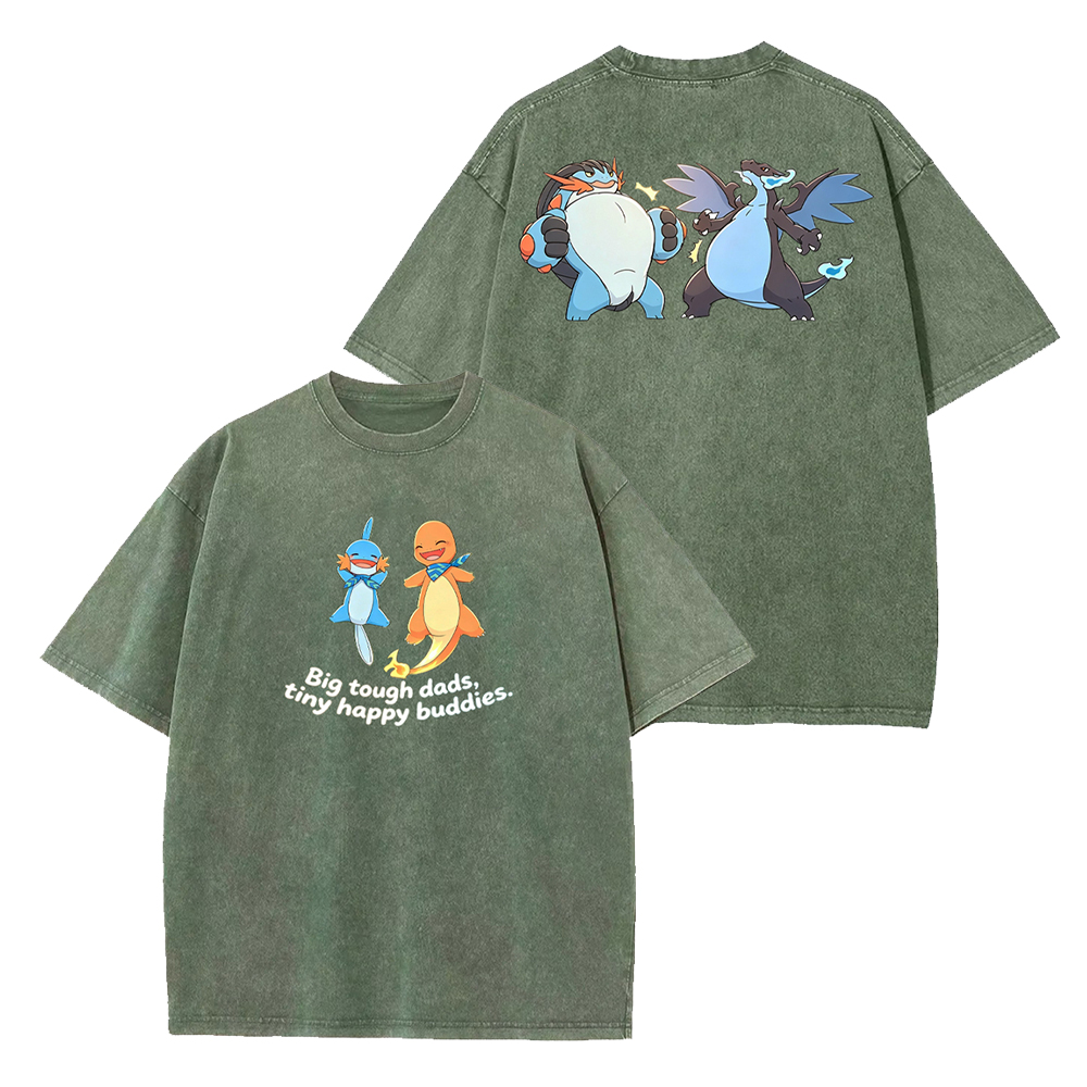 Parent & Kid Mudkip & Charmander Happy Buddy Vintage Washed T-Shirt