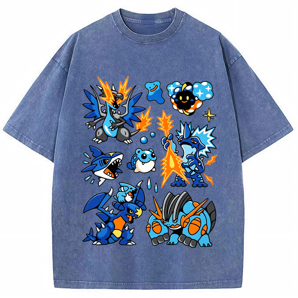Blue Mega Charizard X & Water Type Squad Cartoon Tee | Pokemon Anime