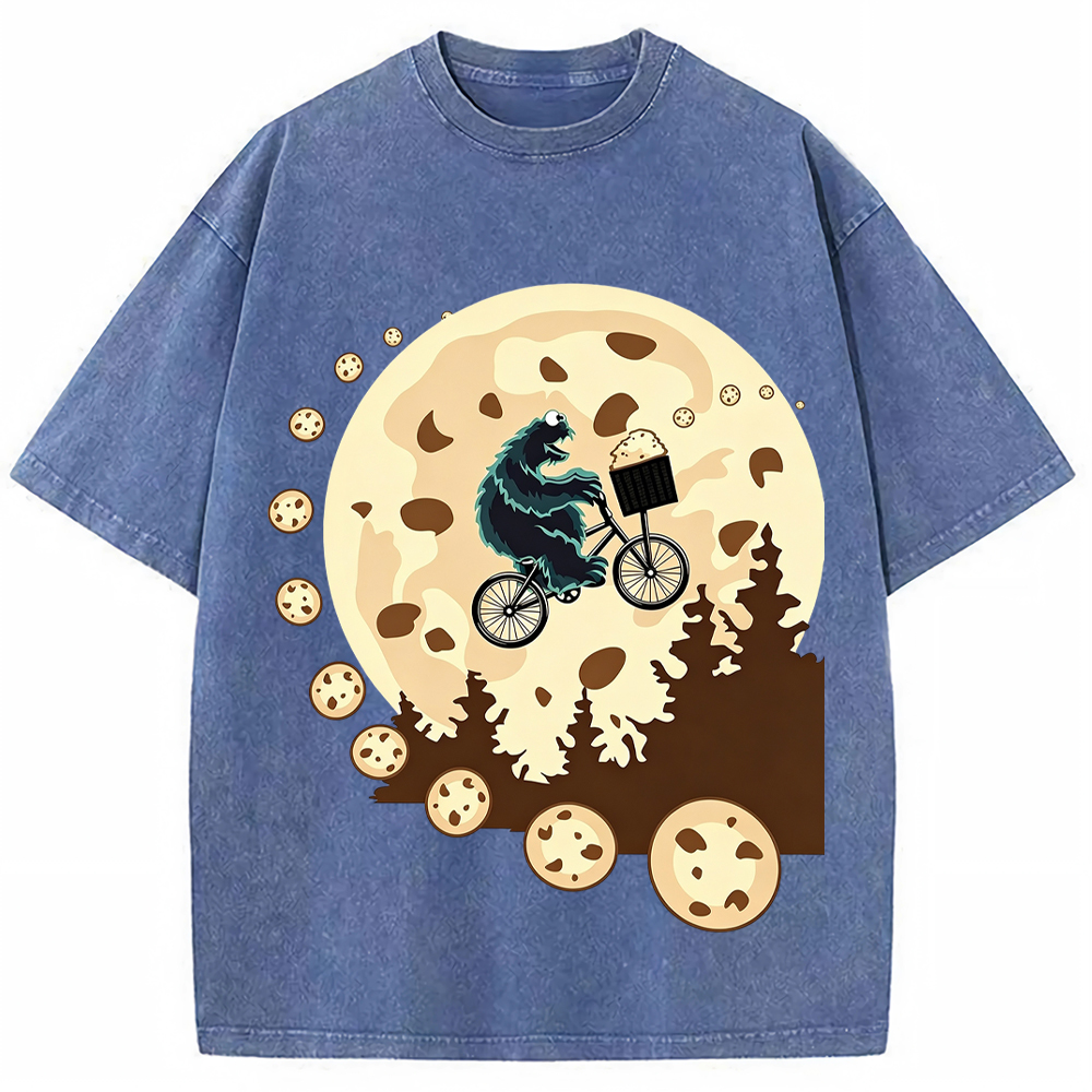 Moon Ride Cookie Monster Moon Biking With Cookies Cartoon Tee