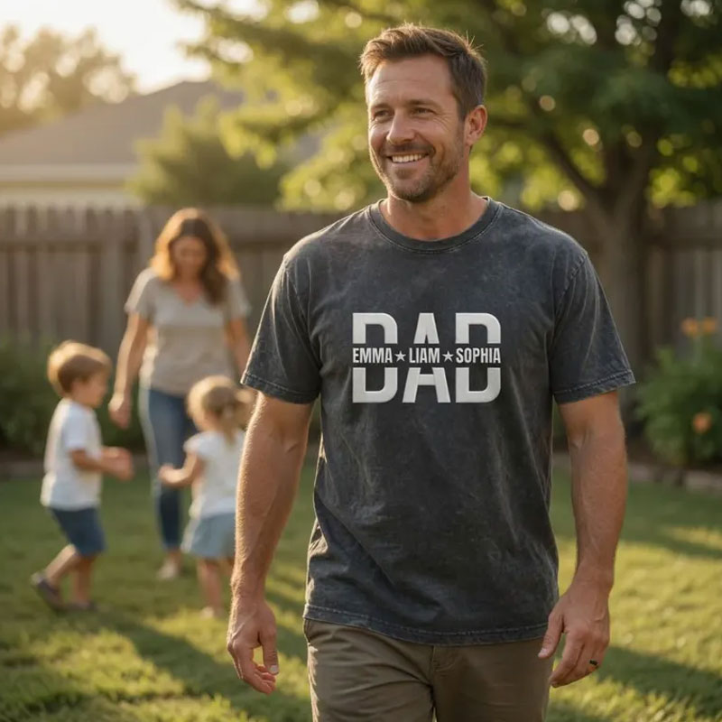 Custom Embroidered Dad Washed T-Shirt With Kids Names