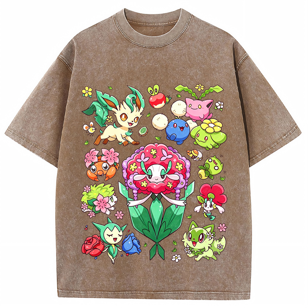 Floral Nature Vibe Grass Type Mix Cartoon Tee | Pokemon Anime