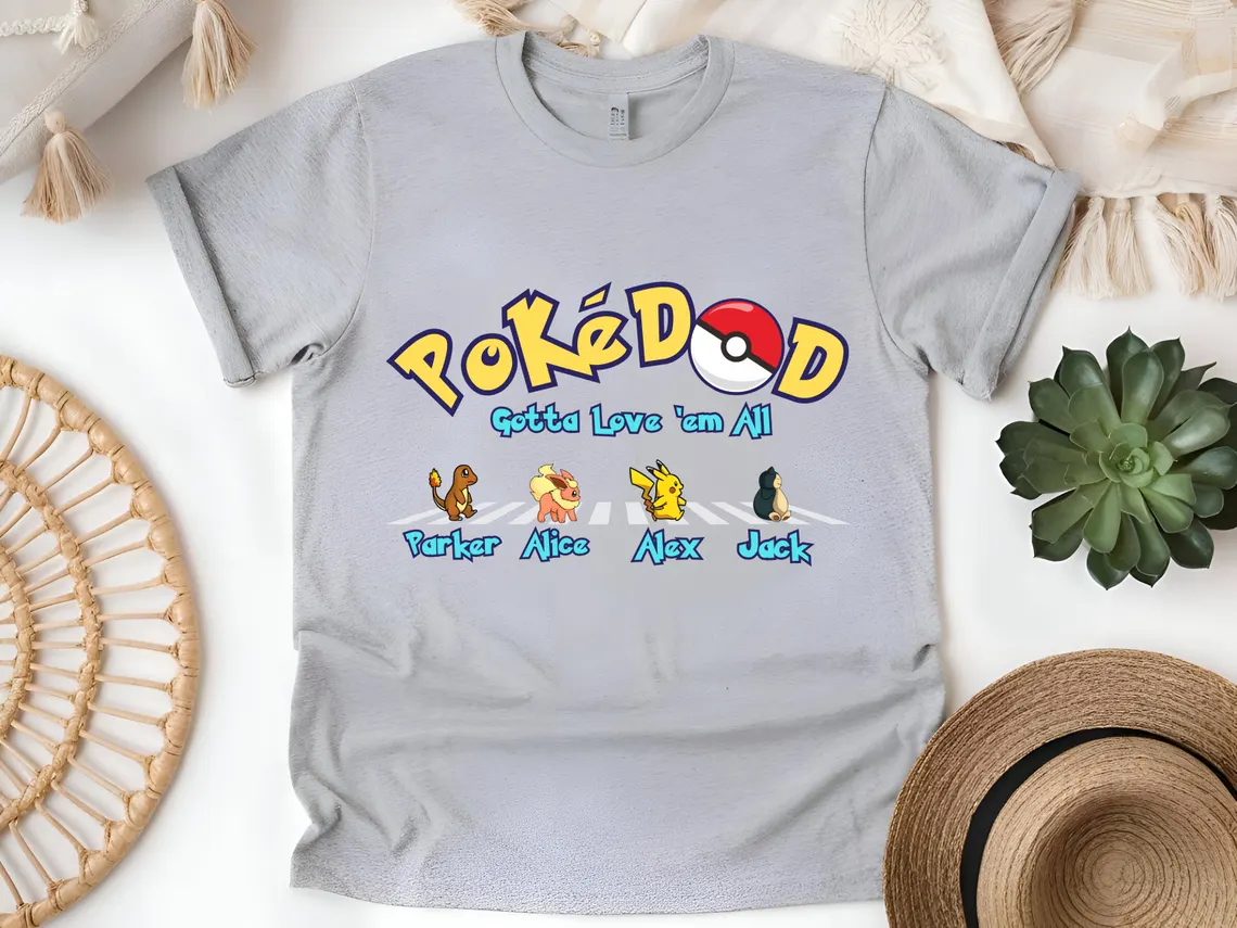 Custom Poke Dad Shirt, Personalized Kids Names, Father's Day Gift Tee