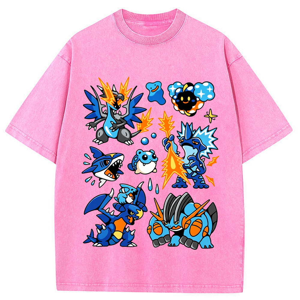 Blue Mega Charizard X & Water Type Squad Cartoon Tee | Pokemon Anime