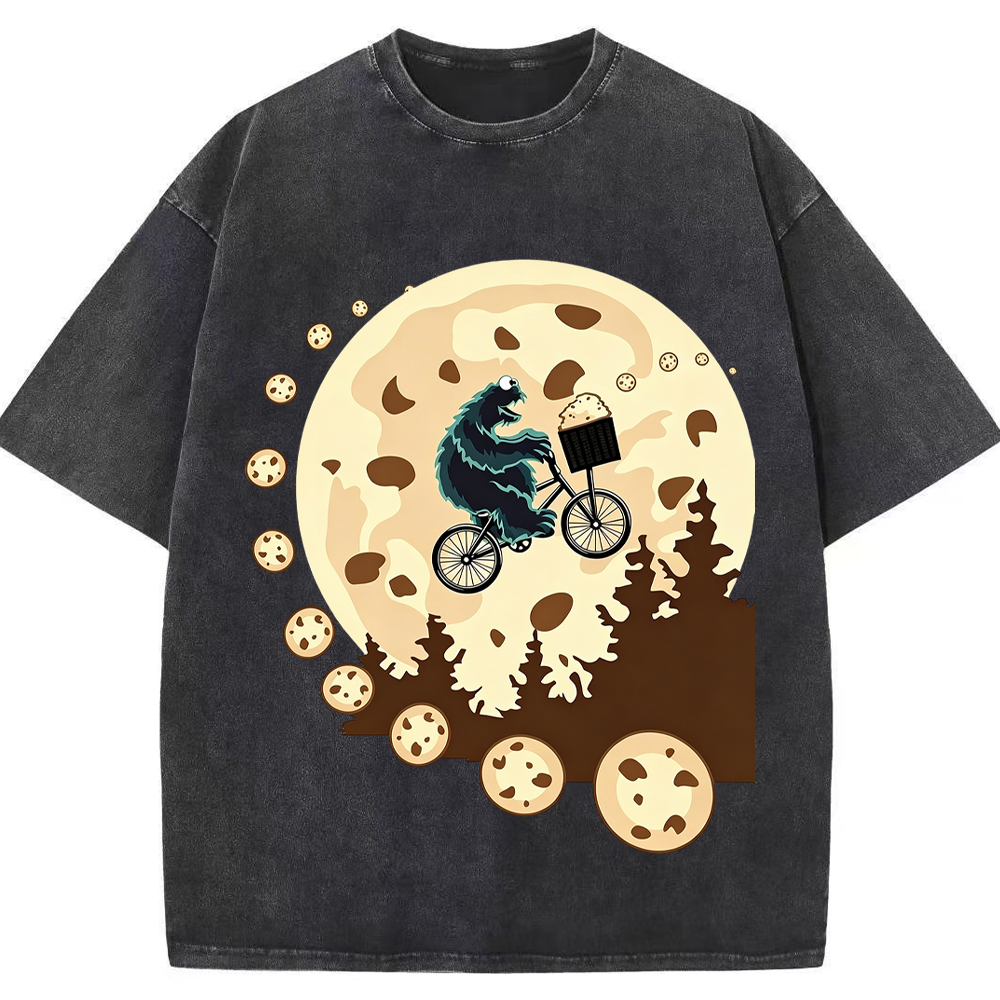 Moon Ride Cookie Monster Moon Biking With Cookies Cartoon Tee