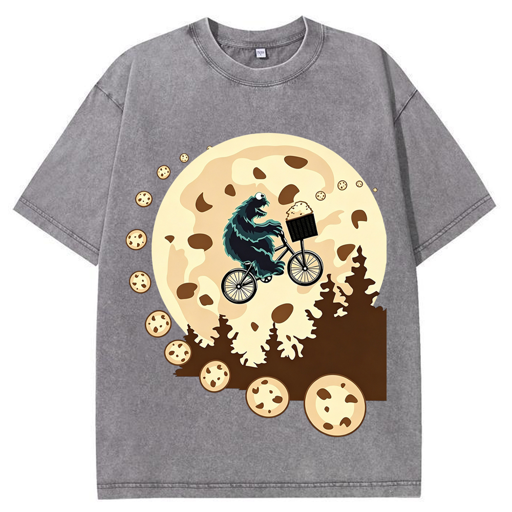 Moon Ride Cookie Monster Moon Biking With Cookies Cartoon Tee