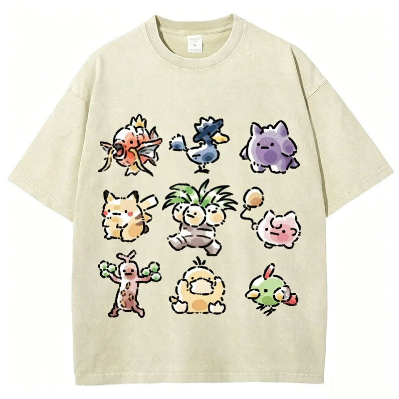 Cute Chibi Pokemon Unisex Vintage Washed Tee