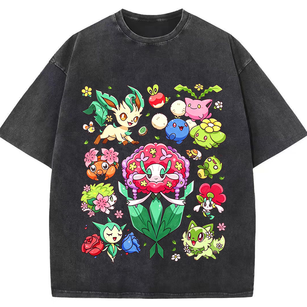 Floral Nature Vibe Grass Type Mix Cartoon Tee | Pokemon Anime