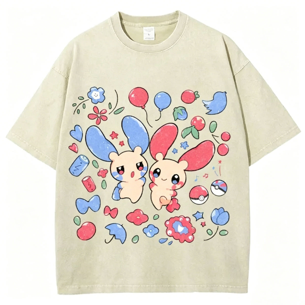 Pokémon Plusle And Minions Unisex Vintage Washed Tee